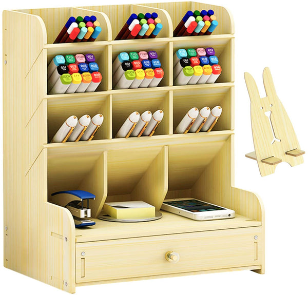 Marbrasse Wooden Pen Organizer, Multi-Functional DIY Pen Holder Box, D